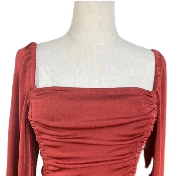 Free People Ruched Long Sleeve Bodysuit Cherry Chai Bottom Snap Closure Small - Picture 11 of 13